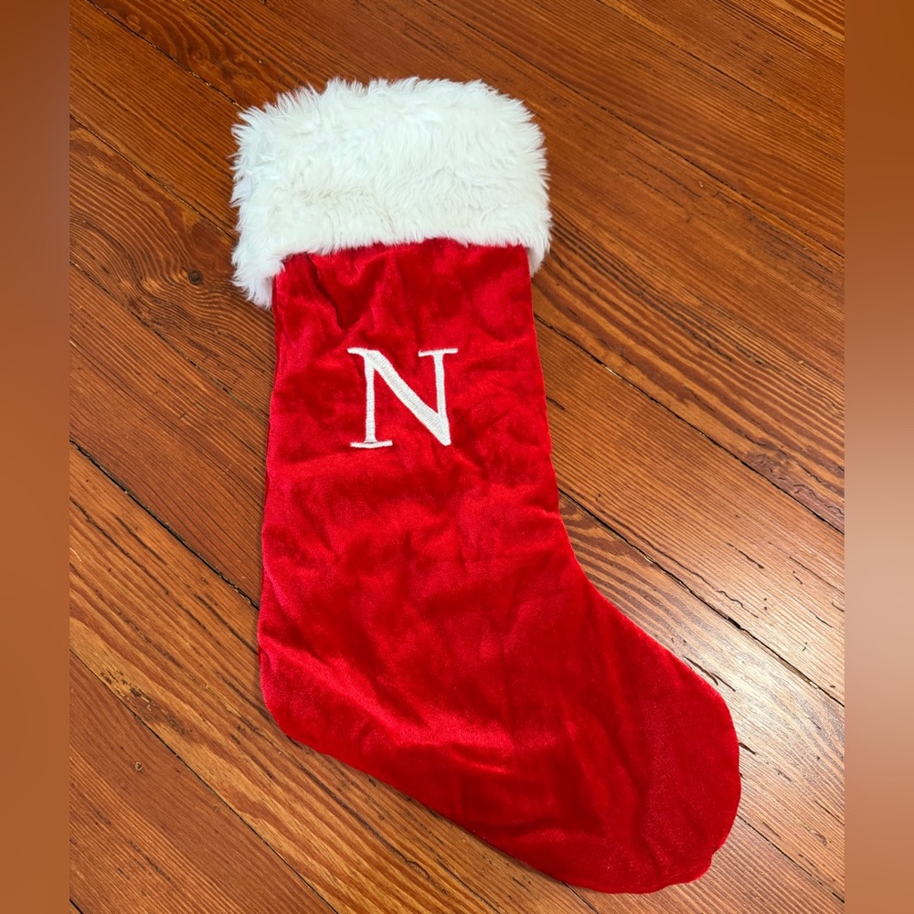 Monogrammed Red Velvet Christmas Stocking with bell on White Cuff - Letter N